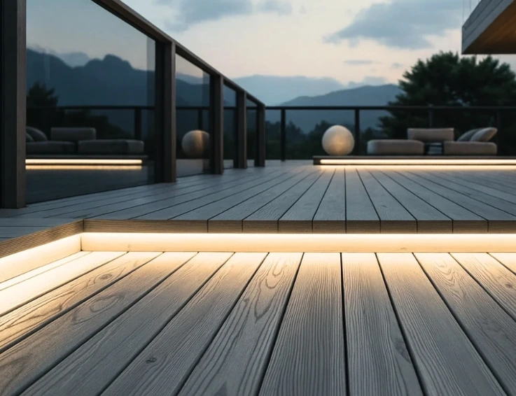LED strip lighting installed around an outdoor deck